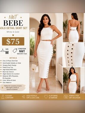 Bebe White Midi Skirt with Gold Eyelet Detail